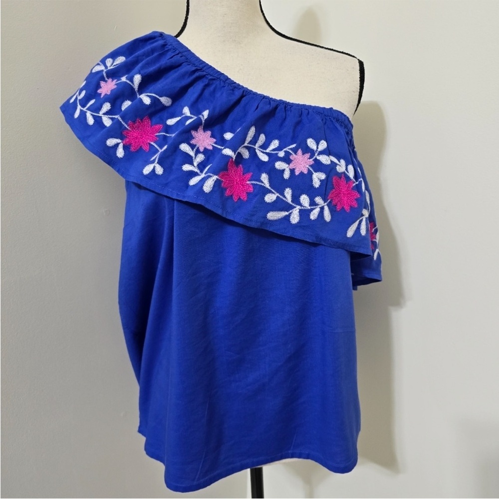 LOFT Royal Blue Boho Off-Shoulder Top with Pink Floral Embroidery, NWT, XXL